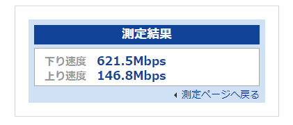 eo光10G_WIFIの実測、下り速度 621.5Mbps、上り速度 146.8Mbps